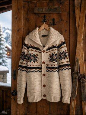 Vintage 1980s Atkinson Nordic Fair Isle Shawl Collar Cardigan Sweater L Unisex